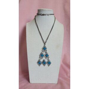 Silver tone Faux Turquoise Style Triangle Dangle Chain Pendant Necklace N1F
